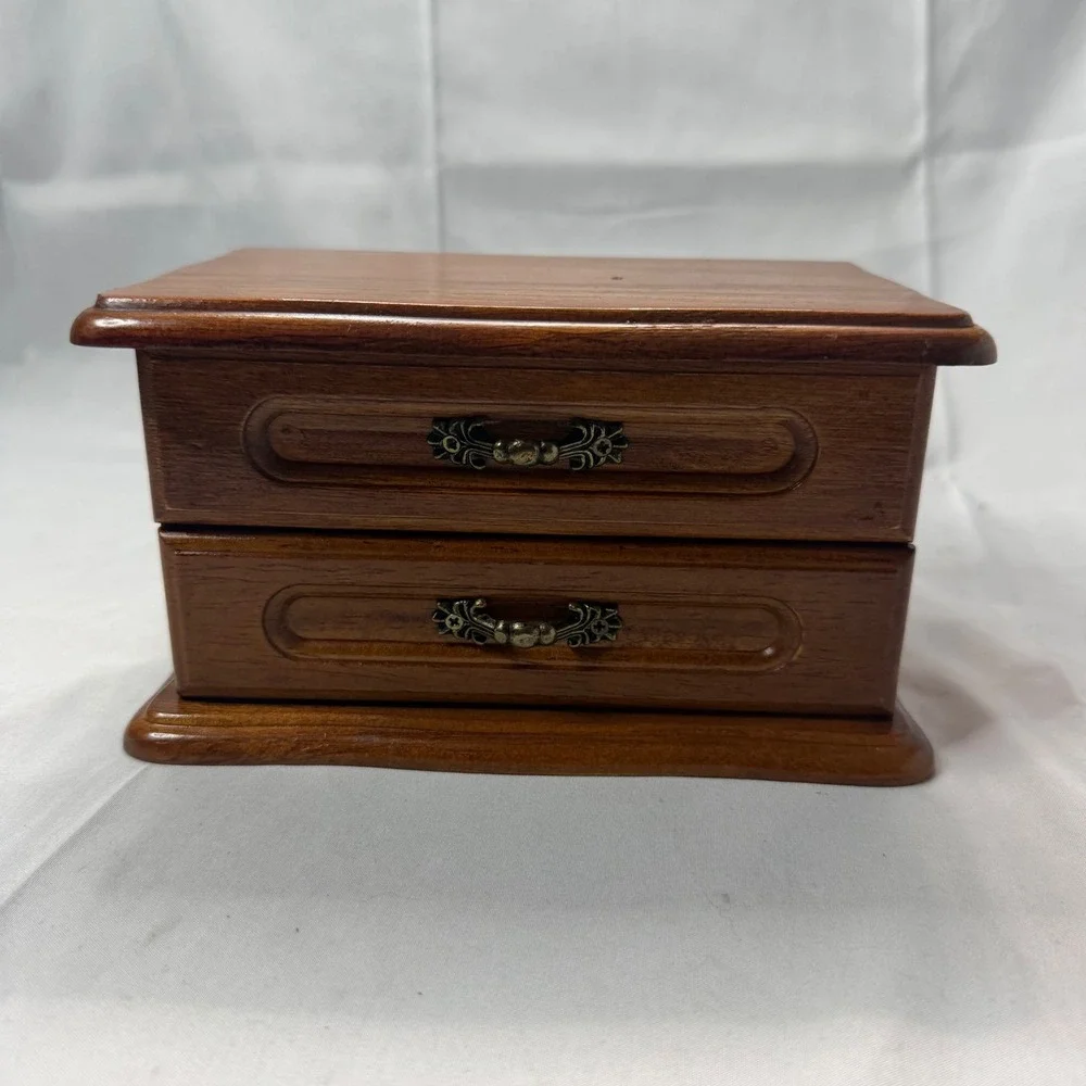 Vintage Wooden Jewelry Box with Mirror Ring Rolls and Drawer Brown Wood Finish